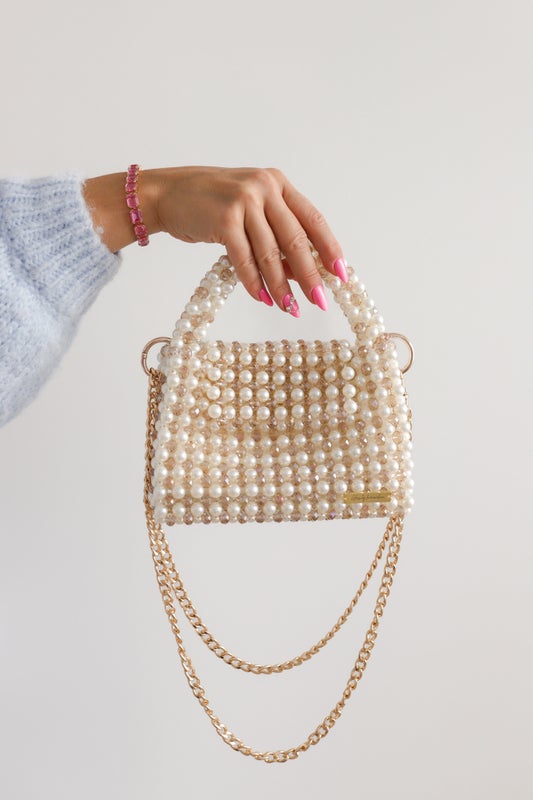 GLOSS bag (valkoiset helmet, beiget kristallit)